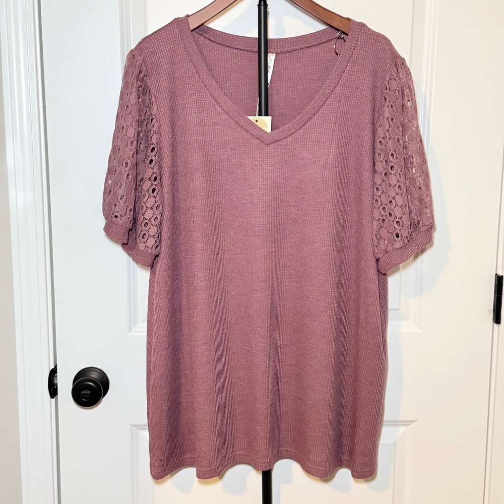 NWT OLRIK Womens Mauve Pink Waffle Knit V-Neck Eyelet Puff Sleeve Top Size 3X